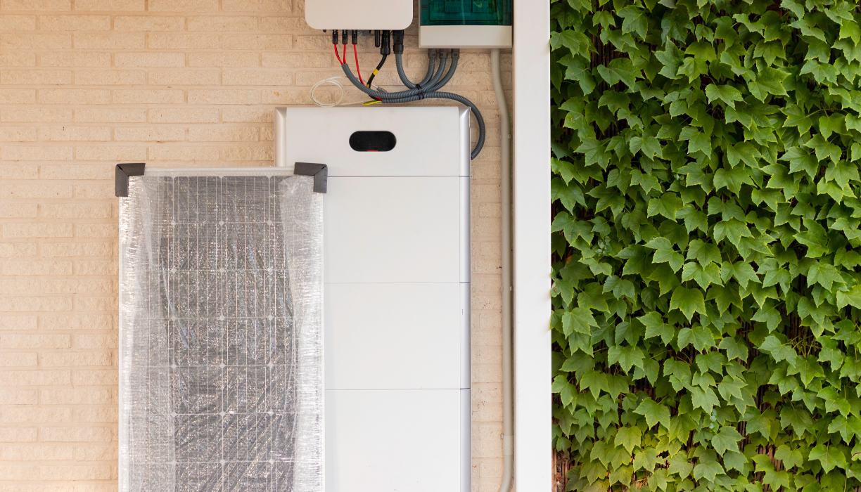 Batteries solaires installées pour stocker l'énergie produite par des panneaux photovoltaïques